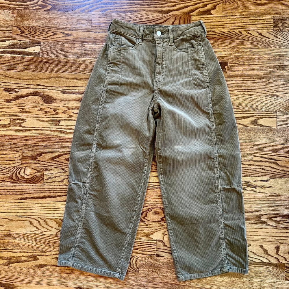 Anthropologie Pilcro Corduroy Barrel Leg Pants 24 Olive Green High Rise Cropped